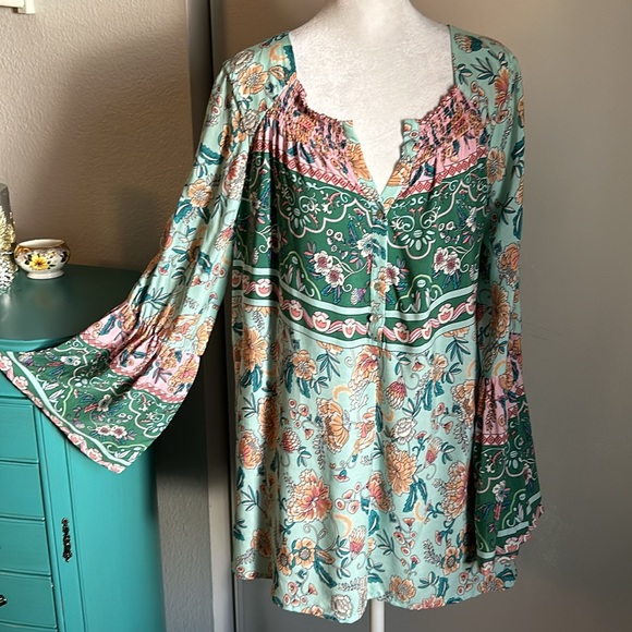 New Suzanne Betro Weekend Long Boho Peasant Tunic Bell Sleeve Style Blouse - Picture 9 of 9